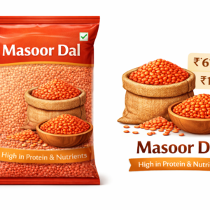 Masoor Dal: Premium quality red lentils, rich in protein and nutrients. Perfect for healthy dal, soups, and everyday meals. Clean, fresh, and easy to cook. Price: 500 gm – ₹61 | 1 kg – ₹118