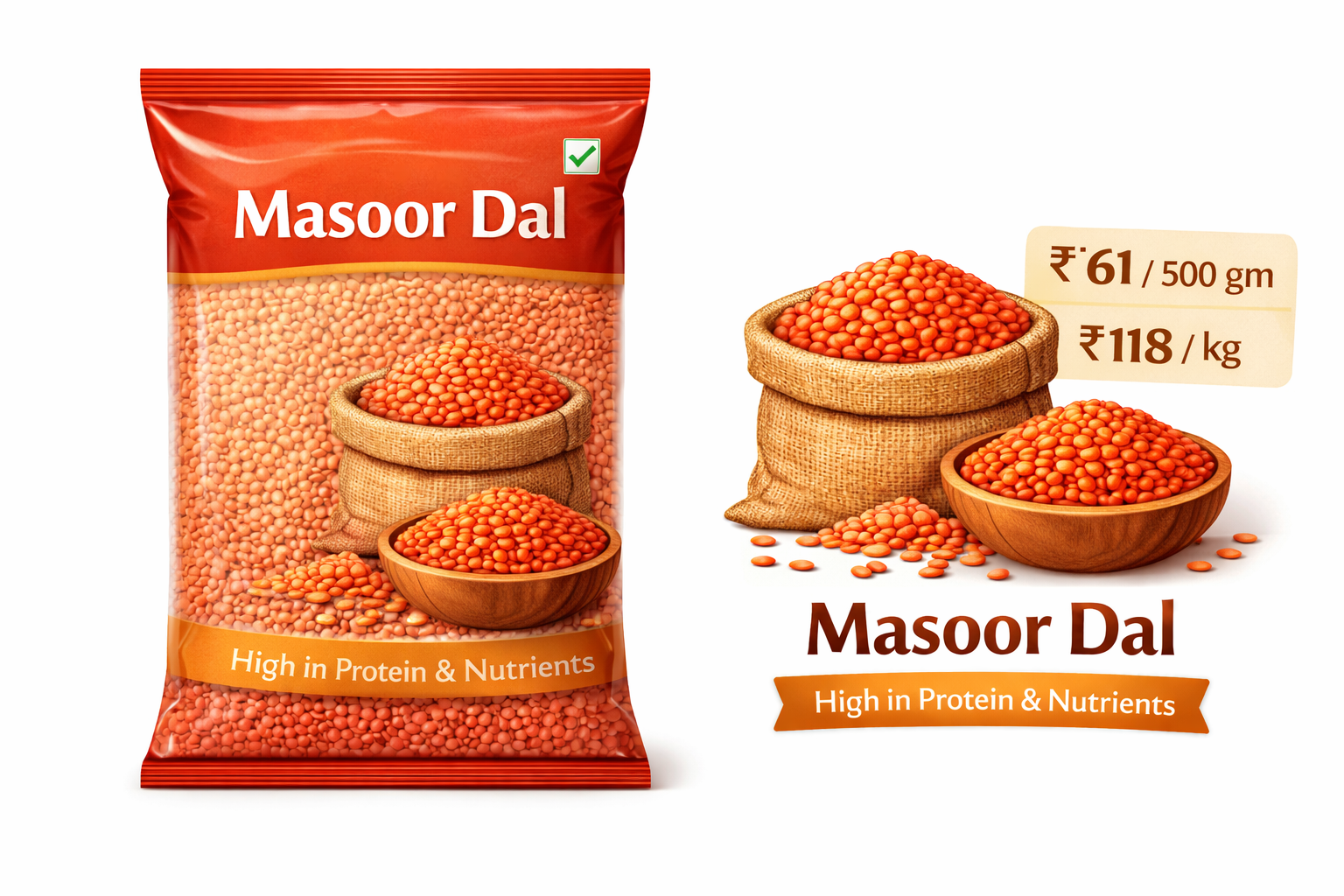 Masoor Dal: Premium quality red lentils, rich in protein and nutrients. Perfect for healthy dal, soups, and everyday meals. Clean, fresh, and easy to cook. Price: 500 gm – ₹61 | 1 kg – ₹118